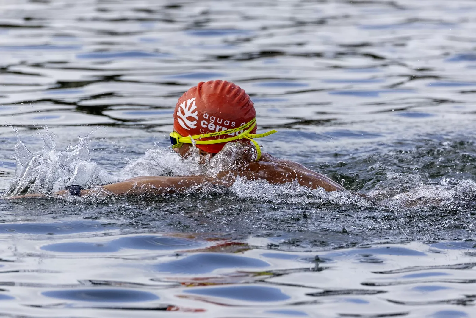 Close de nadador em nado livre nas águas do lago