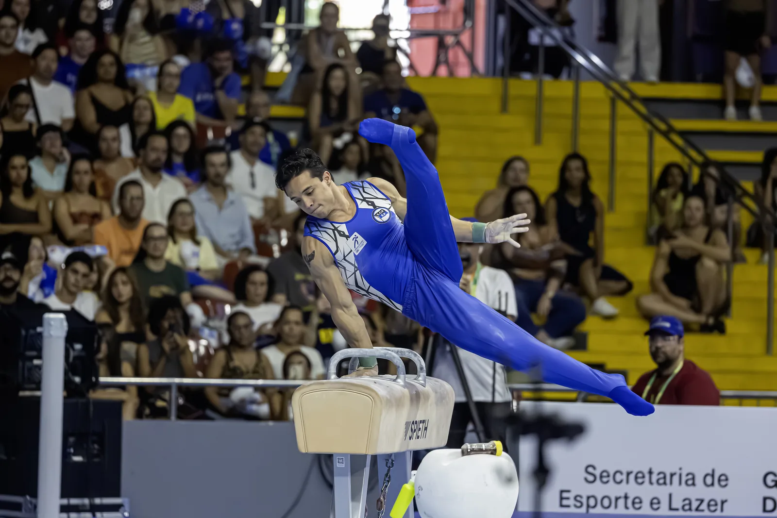 Ginasta com o corpo na horizontal sobre o cavalo com alças