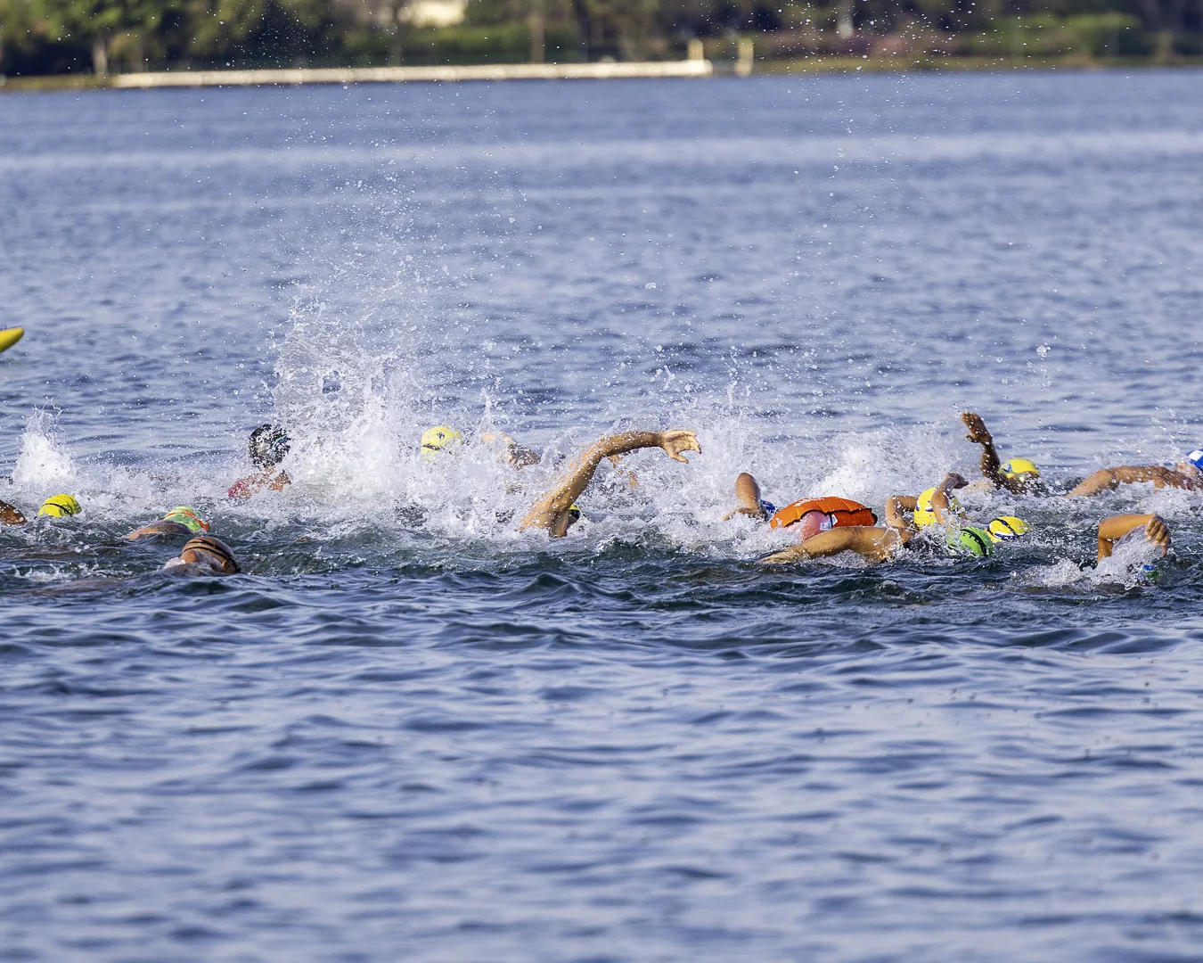 Nadadores largam em grupo no Lago Paranoá com toucas amarelas e verdes